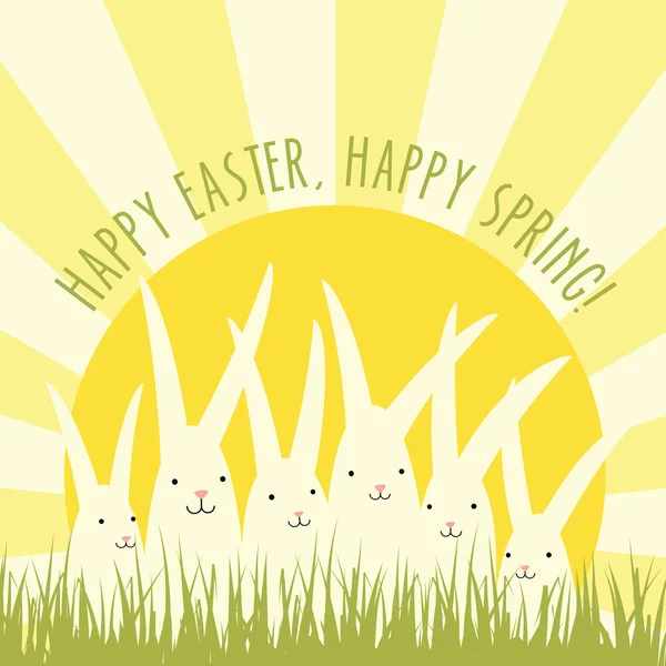 Diseño de la tarjeta de felicitación de Pascua con un gran grupo de conejos felices con rayos del sol al amanecer — Archivo Imágenes Vectoriales