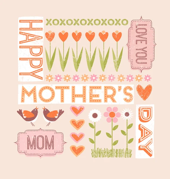 Carte de vœux Happy Mothers Day en style plat avec fleurs, oiseaux et cœurs — Image vectorielle