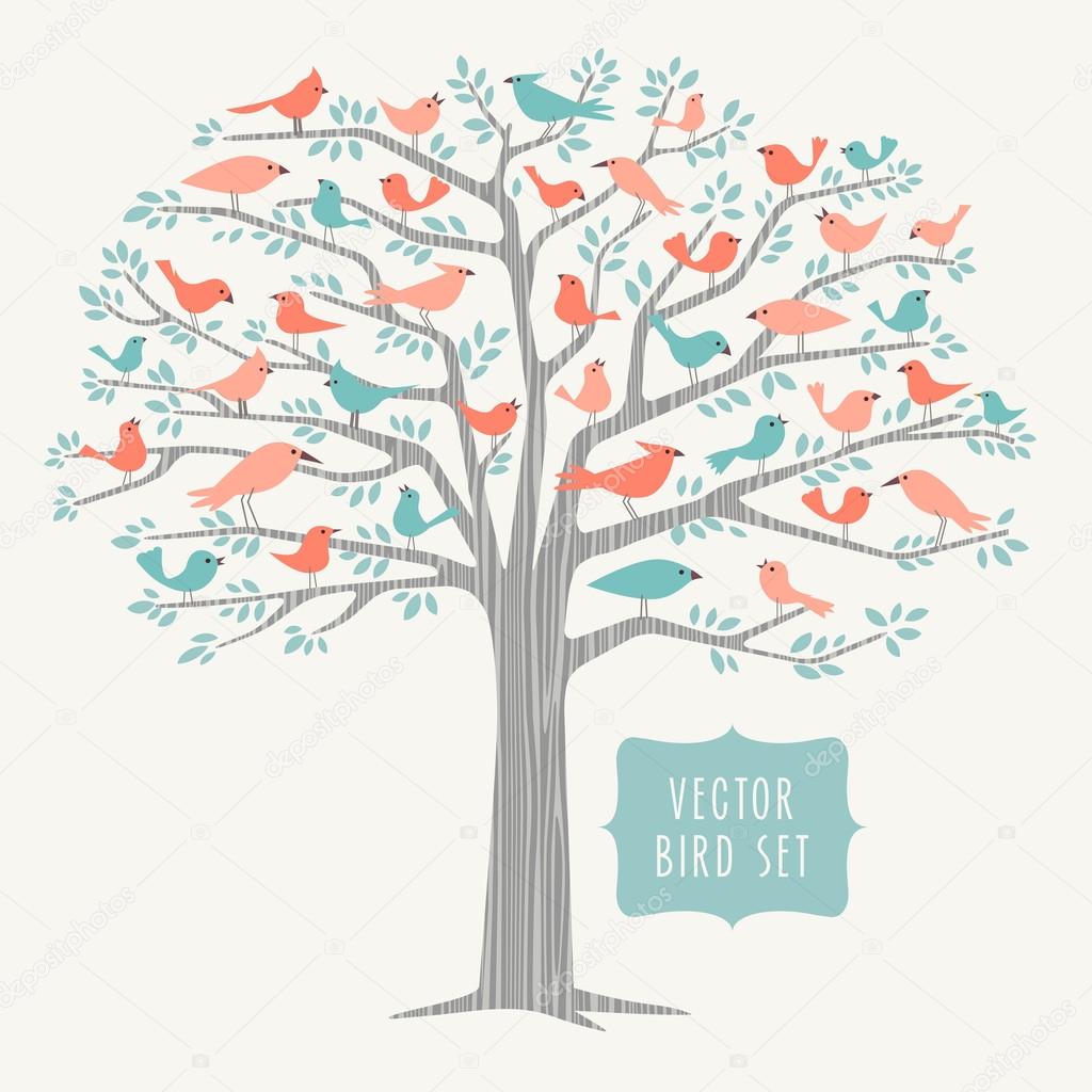 many different stylized birds perched in a big tree in Springtime