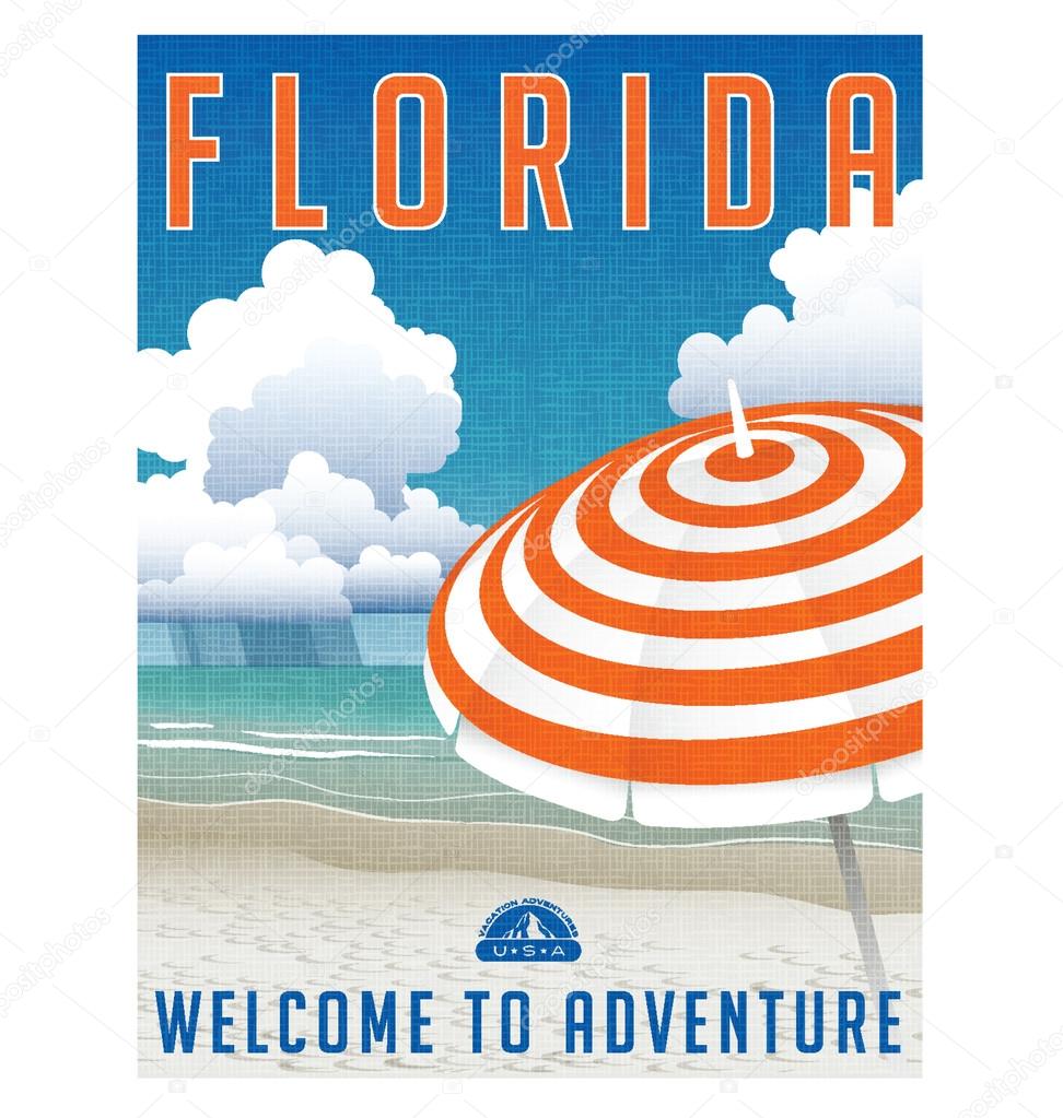 retro travel poster or sticker of a beach in Florida, USA