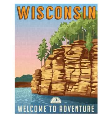 Retro style travel poster or sticker. United States, Wisconsin Dells, Wisconsin clipart