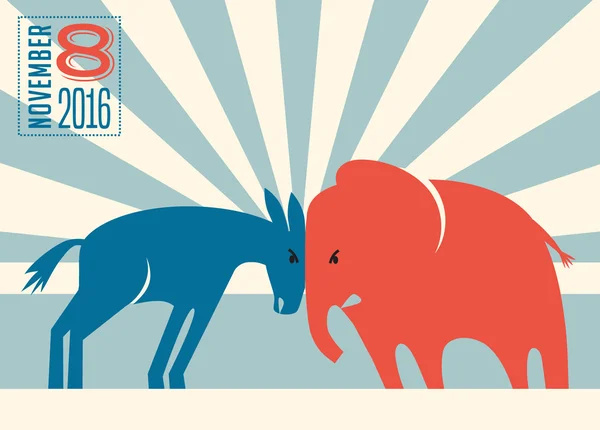 Demokratischer Esel und republikanischer Elefant schlagen Köpfe zusammen — Stockvektor