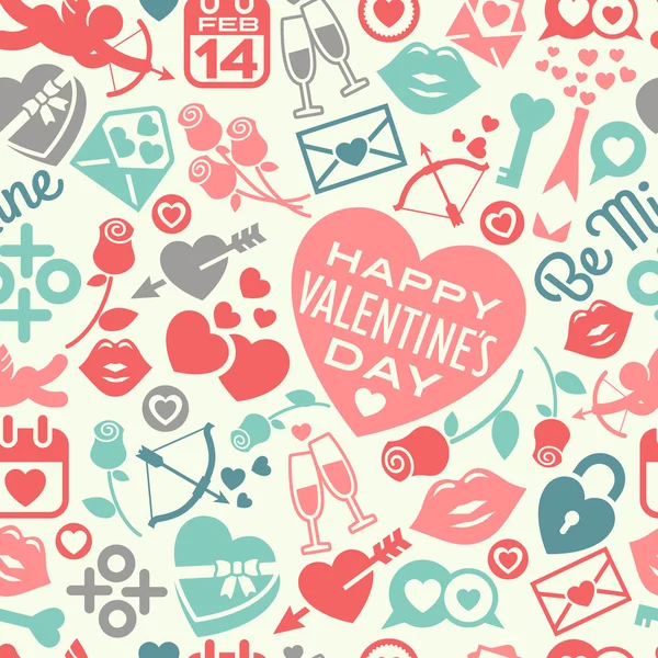 Saint-Valentin motif sans couture d'icônes et de cœurs — Image vectorielle