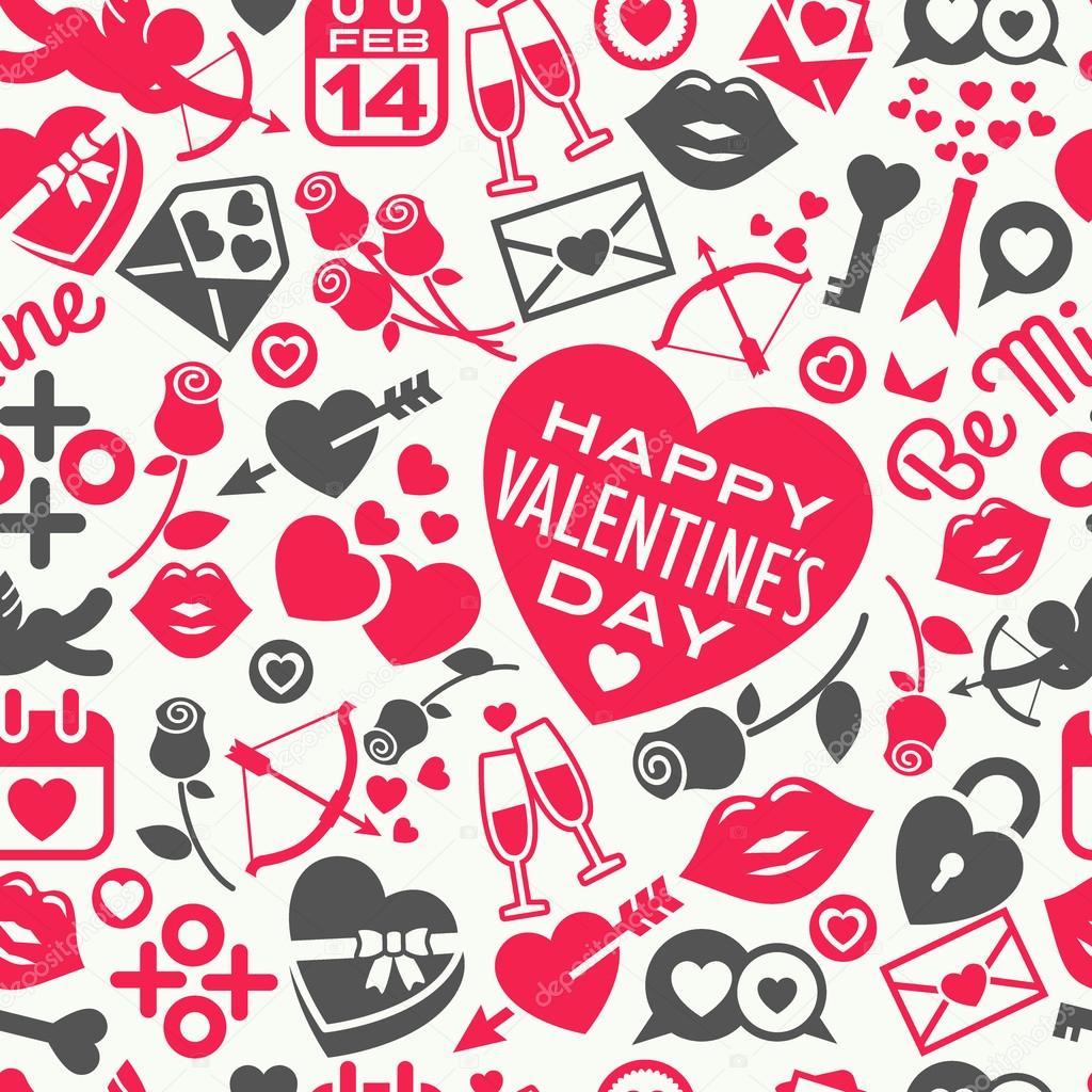 Valentines Day seamless pattern of icons and hearts