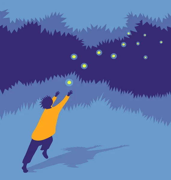 Vector illustration child chasing fireflies at night — Stock Vector