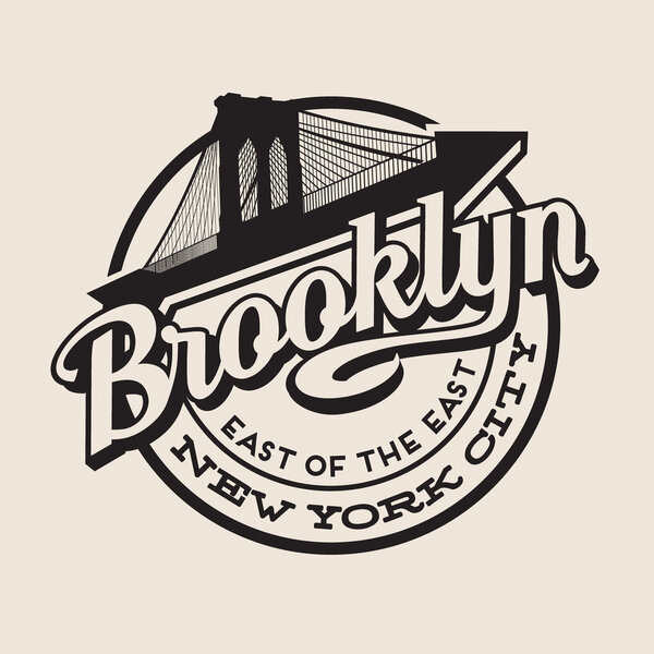 Brooklyn New York City ретро винтажная футболка, плакат, дизайн для печати. Бруклинский мост
