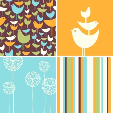 Coordinating spring patterns and design elements with retro birds, flowers, stripes