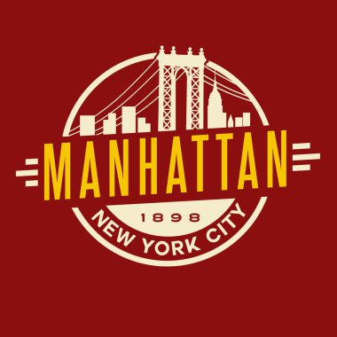 Vintage t-shirt etiket amblem tasarımı. Manhattan New York City ve Manhattan Bridge ve manzarası
