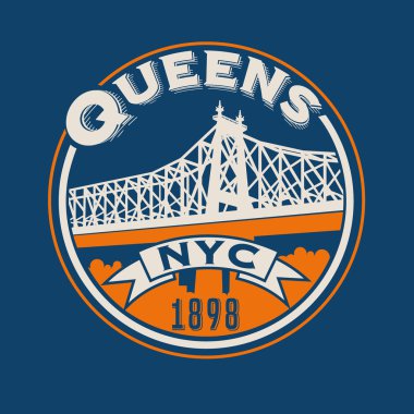Vintage t-shirt etiket amblem tasarımı. Queens, New York ve Queensboro Köprüsü