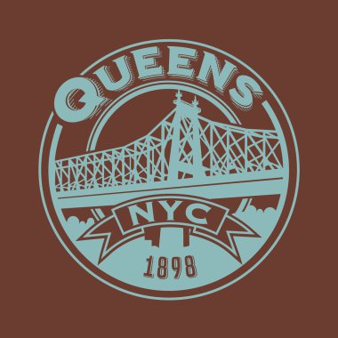 Vintage t-shirt etiket amblem tasarımı. Queens, New York ve Queensboro Köprüsü