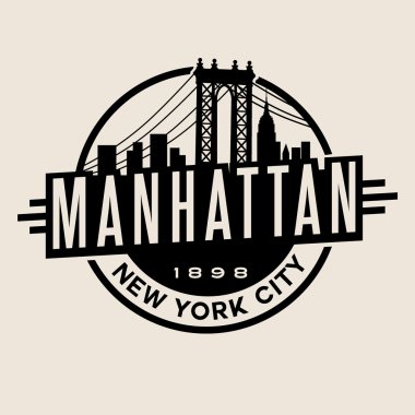 Vintage t-shirt etiket amblem tasarımı. Manhattan New York City ve Manhattan Bridge ve manzarası