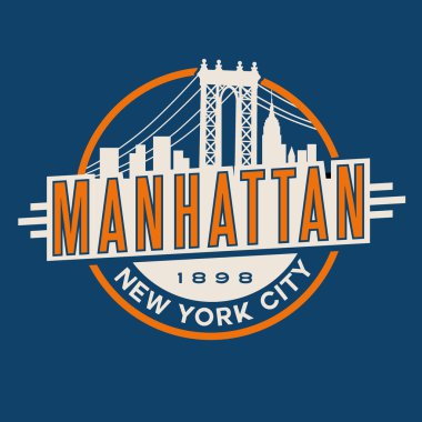 Vintage t-shirt etiket amblem tasarımı. Manhattan New York City ve Manhattan Bridge ve manzarası