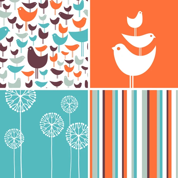 Frühlingsmuster und Gestaltungselemente mit Retro-Vögeln, Blumen, Streifen koordinieren — Stockvektor