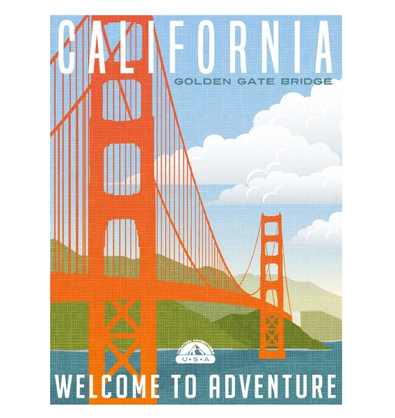 Retrostil resor affisch eller klistermärke. USA, Kalifornien, Golden Gate-bron — Stock vektor
