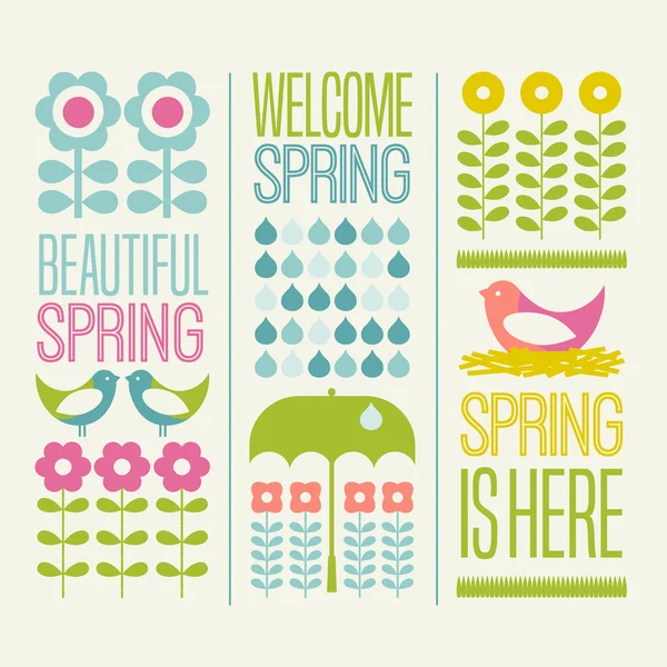 Primavera sazonal elementos de design flores aves e tipografia —  Vetores de Stock