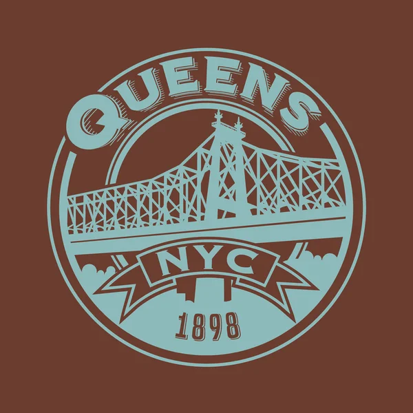 Diseño del emblema de etiqueta de camiseta vintage. Queens, Nueva York y Queensboro Bridge — Archivo Imágenes Vectoriales