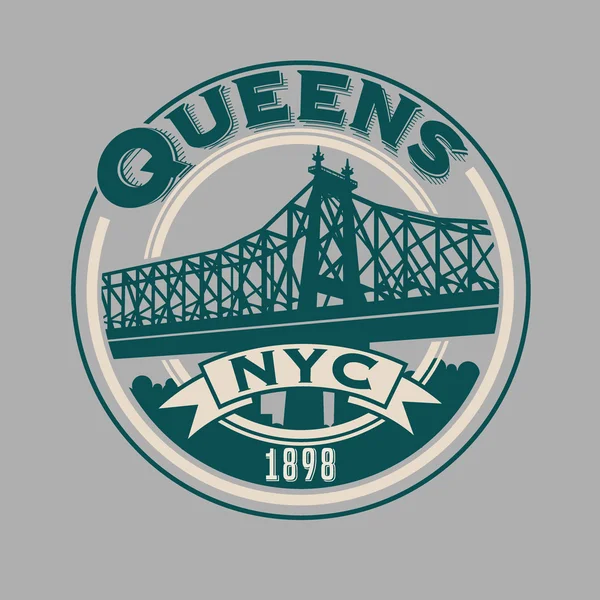 Diseño del emblema de etiqueta de camiseta vintage. Queens, Nueva York y Queensboro Bridge — Archivo Imágenes Vectoriales