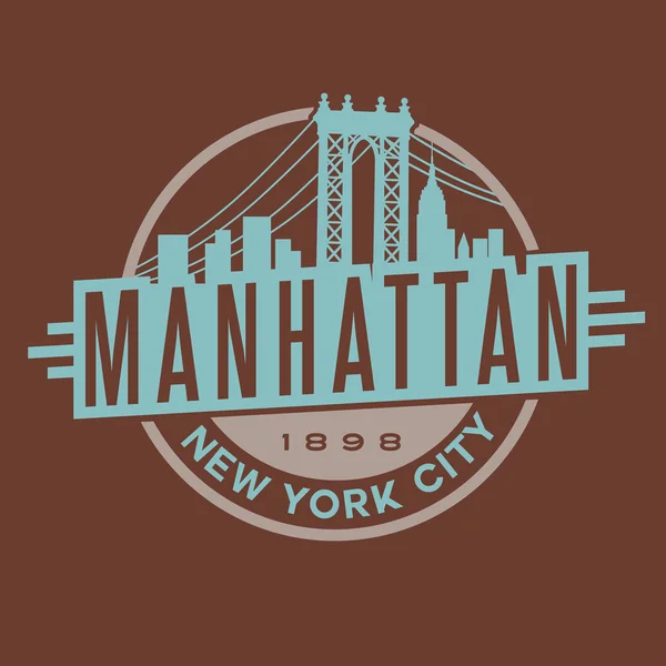 Design de emblema de etiqueta de t-shirt vintage. Manhattan New York City e Manhattan Bridge e horizonte — Vetor de Stock