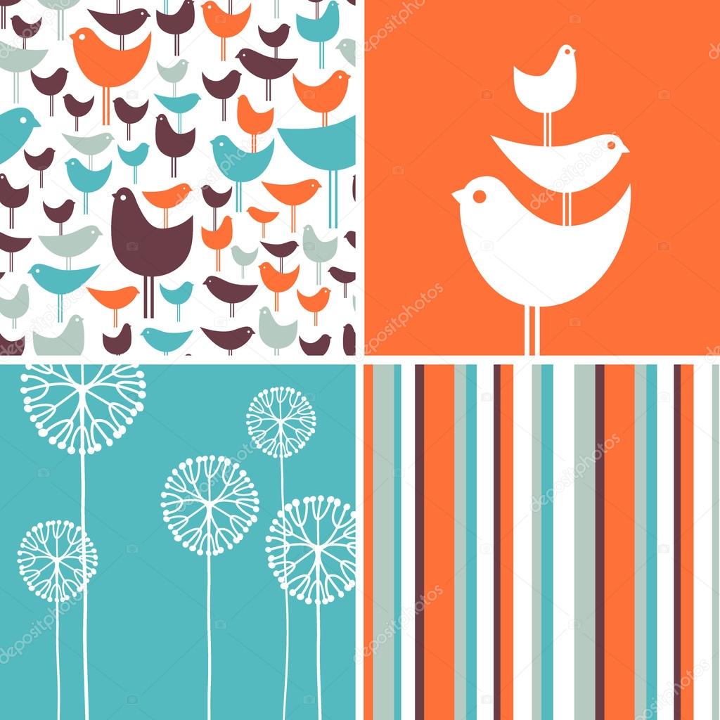 Coordinating spring patterns and design elements with retro birds, flowers, stripes