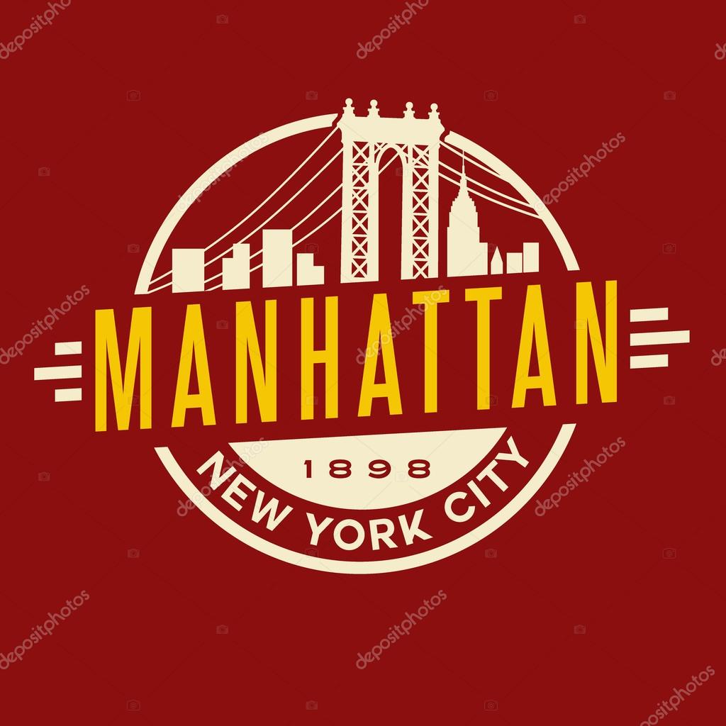 Vintage t-shirt sticker emblem design. Manhattan New York City and Manhattan Bridge and skyline