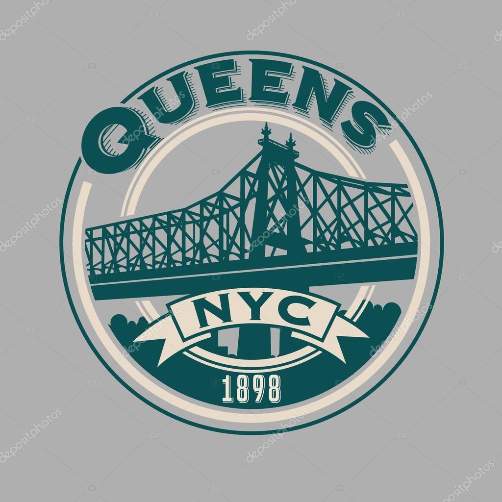 Vintage t-shirt sticker emblem design. Queens, New York City and Queensboro Bridge