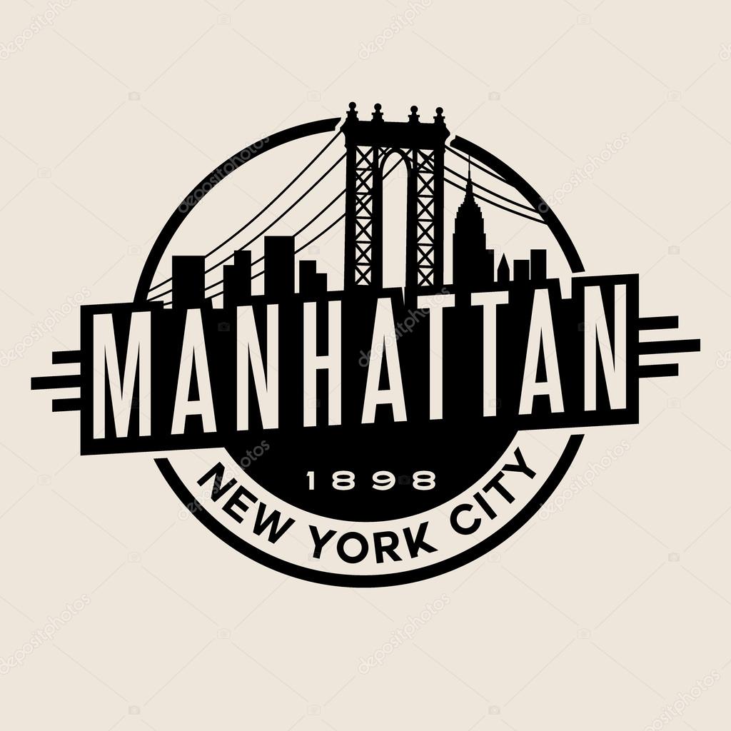 Vintage t-shirt sticker emblem design. Manhattan New York City and Manhattan Bridge and skyline