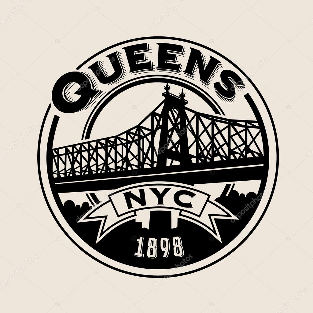 Vintage t-shirt sticker emblem design. Queens, New York City and Queensboro Bridge