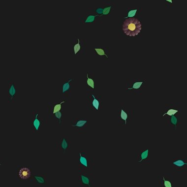 Basit renkli çiçekleri ve tek renkli arka planda yeşil yaprakları olan güzel kompozisyon, vektör illüstrasyonu