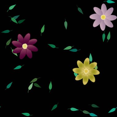 Basit renkli çiçekleri ve tek renkli arka planda yeşil yaprakları olan güzel kompozisyon, vektör illüstrasyonu