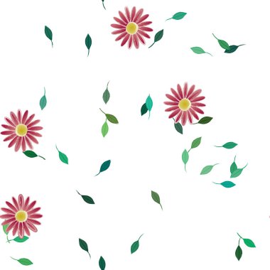 Tek renkli arka planda basit renkli çiçekler ve yeşil yapraklarla güzel kompozisyon, vektör illüstrasyonu