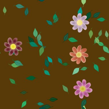 Tek renkli arka planda basit renkli çiçekler ve yeşil yapraklarla güzel kompozisyon, vektör illüstrasyonu