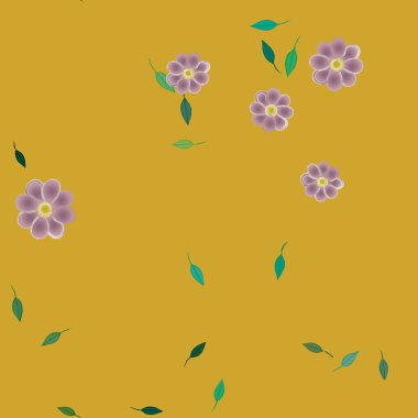 Basit renkli çiçekleri ve tek renkli arka planda yeşil yaprakları olan güzel kompozisyon, vektör illüstrasyonu