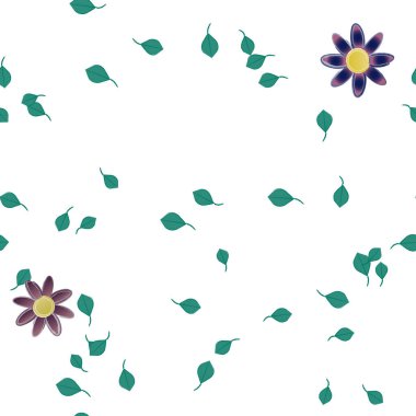 Tek renkli arka planda basit renkli çiçekler ve yeşil yapraklarla güzel kompozisyon, vektör illüstrasyonu