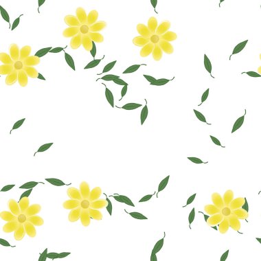 Basit renkli çiçekleri ve tek renkli arka planda yeşil yaprakları olan güzel kompozisyon, vektör illüstrasyonu