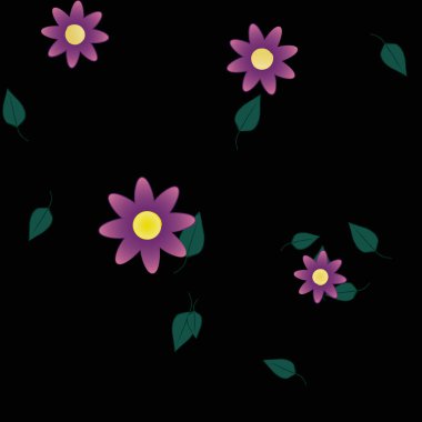 Basit renkli çiçekleri ve tek renkli arka planda yeşil yaprakları olan güzel kompozisyon, vektör illüstrasyonu