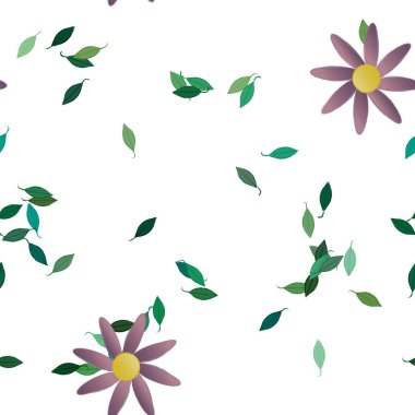 Tek renkli arka planda basit renkli çiçekler ve yeşil yapraklarla güzel kompozisyon, vektör illüstrasyonu