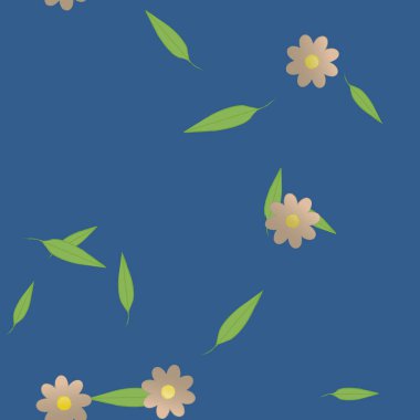 Tek renkli arka planda basit renkli çiçekler ve yeşil yapraklarla güzel kompozisyon, vektör illüstrasyonu