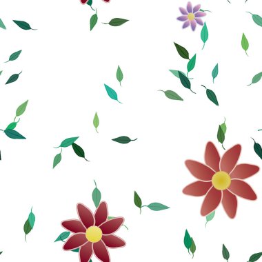 Tek renkli arka planda basit renkli çiçekler ve yeşil yapraklarla güzel kompozisyon, vektör illüstrasyonu