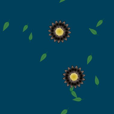 Basit renkli çiçekleri ve tek renkli arka planda yeşil yaprakları olan güzel kompozisyon, vektör illüstrasyonu