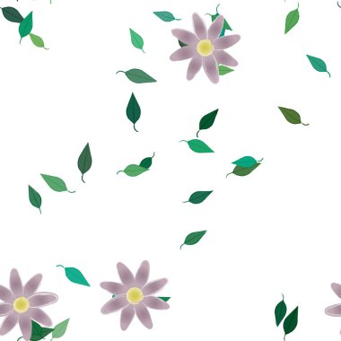 Basit renkli çiçekleri ve tek renkli arka planda yeşil yaprakları olan güzel kompozisyon, vektör illüstrasyonu