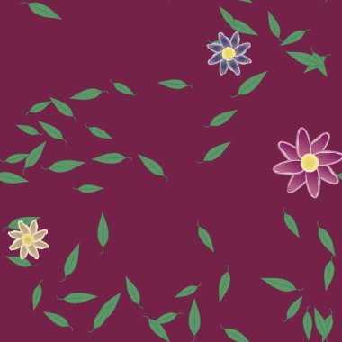 Tek renkli arka planda basit renkli çiçekler ve yeşil yapraklarla güzel kompozisyon, vektör illüstrasyonu