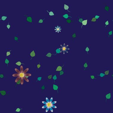 Tek renkli arka planda basit renkli çiçekler ve yeşil yapraklarla güzel kompozisyon, vektör illüstrasyonu