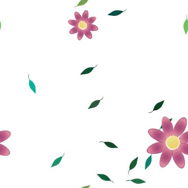 Basit renkli çiçekleri ve tek renkli arka planda yeşil yaprakları olan güzel kompozisyon, vektör illüstrasyonu