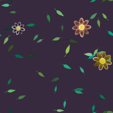 Tek renkli arka planda basit renkli çiçekler ve yeşil yapraklarla güzel kompozisyon, vektör illüstrasyonu