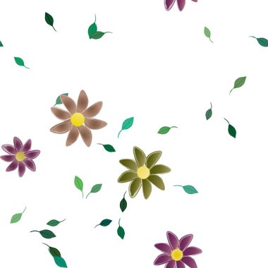 Basit renkli çiçekleri ve tek renkli arka planda yeşil yaprakları olan güzel kompozisyon, vektör illüstrasyonu