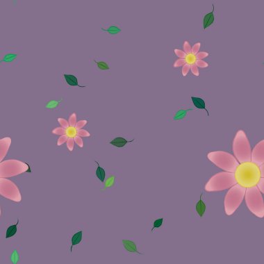 Tek renkli arka planda basit renkli çiçekler ve yeşil yapraklarla güzel kompozisyon, vektör illüstrasyonu