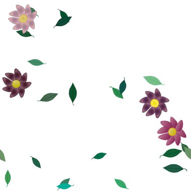 Basit renkli çiçekleri ve tek renkli arka planda yeşil yaprakları olan güzel kompozisyon, vektör illüstrasyonu