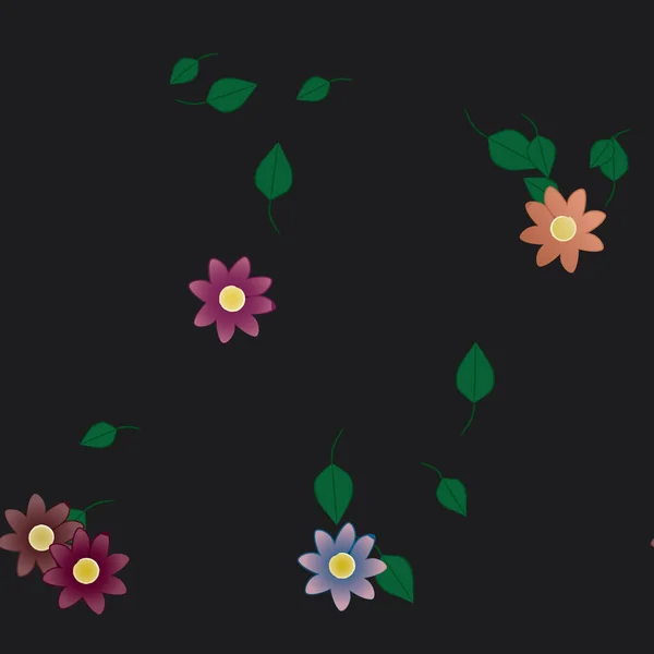 Mooie Compositie Met Eenvoudige Gekleurde Bloemen Groene Bladeren Monochrome Achtergrond — Stockvector