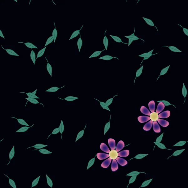 Mooie Compositie Met Eenvoudige Gekleurde Bloemen Groene Bladeren Monochrome Achtergrond — Stockvector