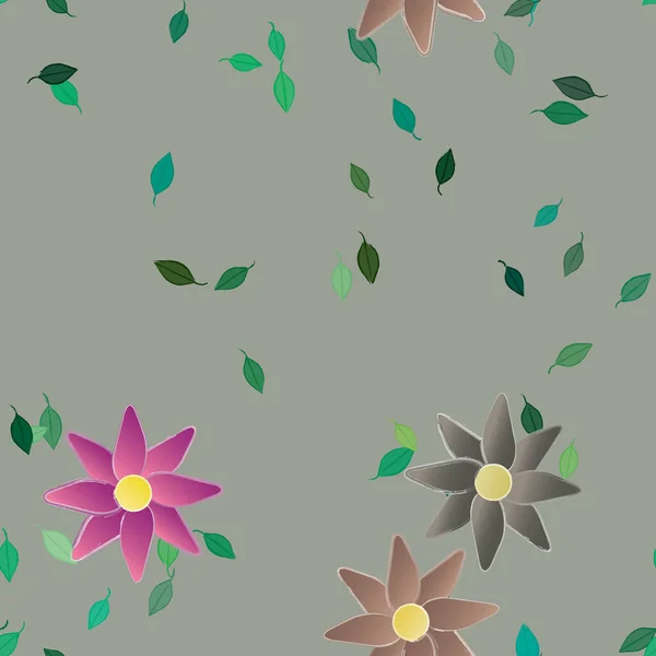 Mooie Compositie Met Eenvoudige Gekleurde Bloemen Groene Bladeren Monochrome Achtergrond — Stockvector